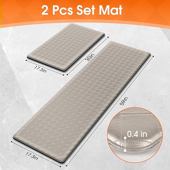 Kitchen Mats, 2PCS Kitchen Rugs, Cushioned Anti Fatigue Kitchen Mats for Floor, Non-Slip Standing Desk Mat, Waterproof Kitchen Rug Set for Kitchen Floor Office,17.3"×30"+17.3"×59" Brown