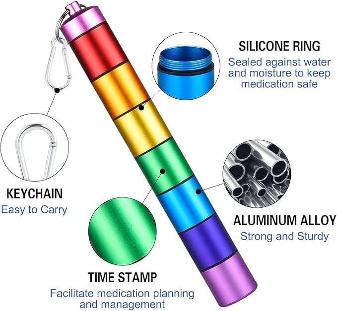 Tvoip Portable Pill Case Keychain Waterproof 7 Days Pill Holder Travel Pill Container Portable Medicine Keychain Daily Airtight Pill Organizer for Outdoor Camping Travel (Rainbow)