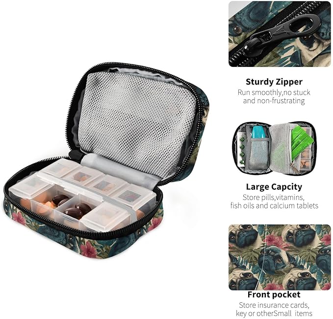Pill Organizer Case Pouch Hawaii Pug Print for Travel, Portable Pill Box Supplement Holder 7 Days