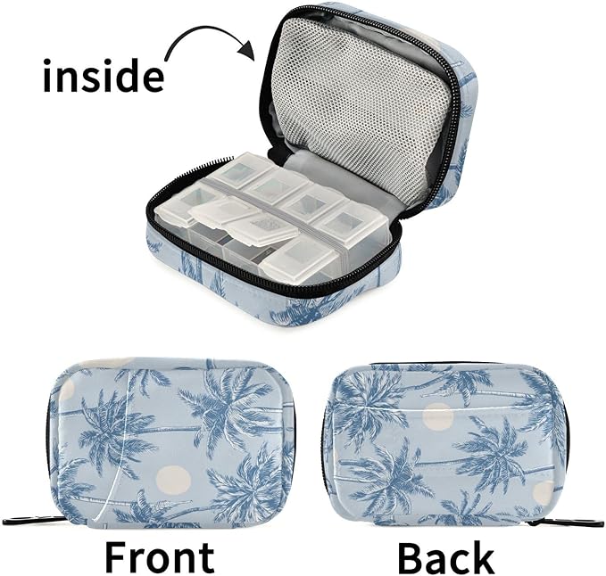 Light Blue Palm Trees and Sun Travel Pill Organizer Case Box Container Weekly Portable Vitamin Medicine Holder Storage Bag with Zipper Removable