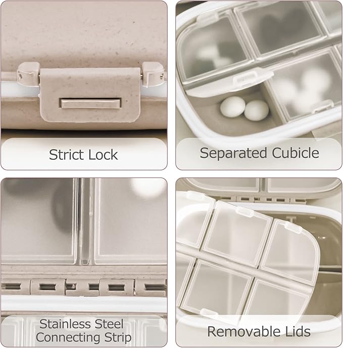 1Pack Travel Pill Organizer, 8 Compartments Portable Pill Case, Small Pill Box for Pocket Purse Portable Medicine Vitamin Container Beige