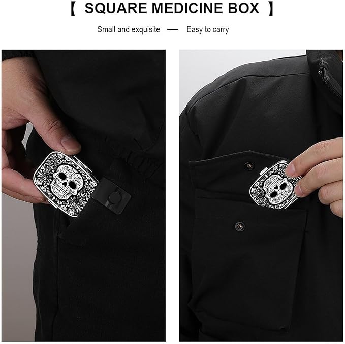 Metal Pill Organizer – 2-Compartment Pocket Pill Box for Vitamins, Supplements, Medications – Compact Travel Case (Day of The Dead Sugar Skull)