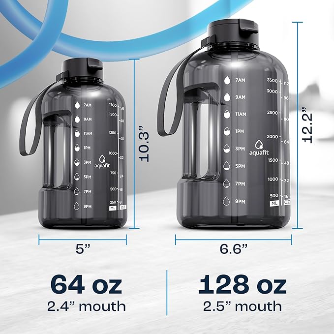 AQUAFIT 64 oz Water Bottle with Time Marker - Straw & Chug Lid - BPA Free Half Gallon Gym Water Bottle with Handle - Big Gallon Jug (Aqua, 64 Ounces)
