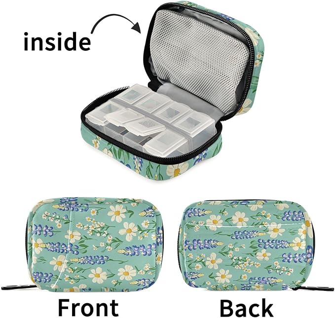 Cute Green Bluebonnet and Daisies Cute Pill Organizer Weekly Travel Pill Box 7 Day Large Capacity Pill Dispenser Case with 8 Pill Container Daily Pill Box Organizer Vitamin Holder Pill Bottle