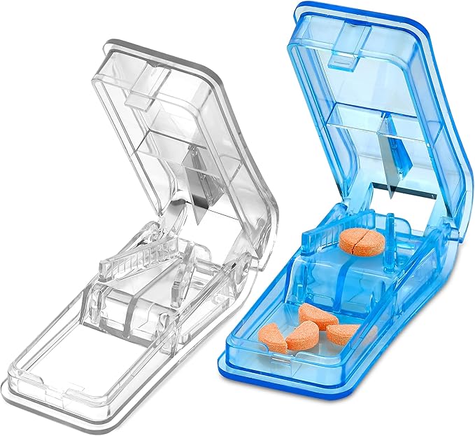 Pill Splitters - (Pack of 2) Pill Cutters with V- Grip for Small and Medication - Easily Cut Pills, Splitter | Cutter and Crusher with Pill Holder Case to Spli