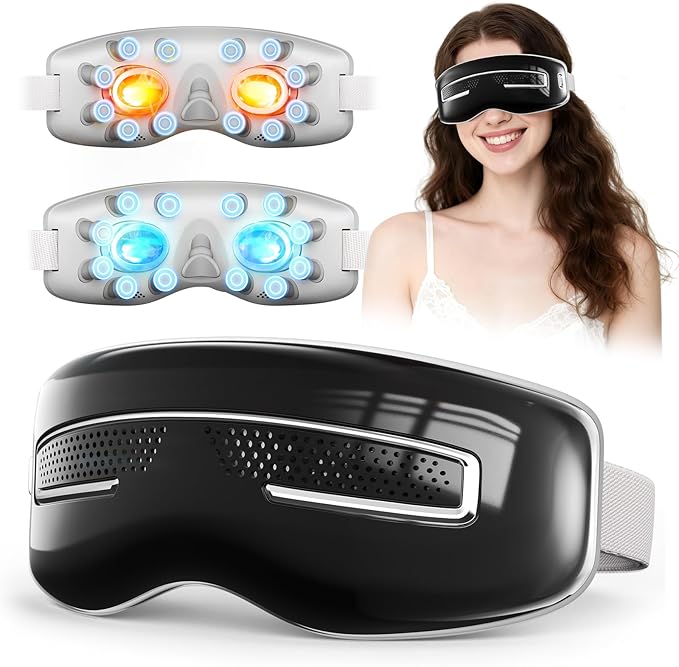 Eye Massager with Heat and Cooling, Integrated Smart Sleep Mask with Nose Rest and Soft Silicone Massage Head, 4 Massage Modes for Migraines, Dry Eye, Dark Circles,Bluetooth Music, Gift for Men Women