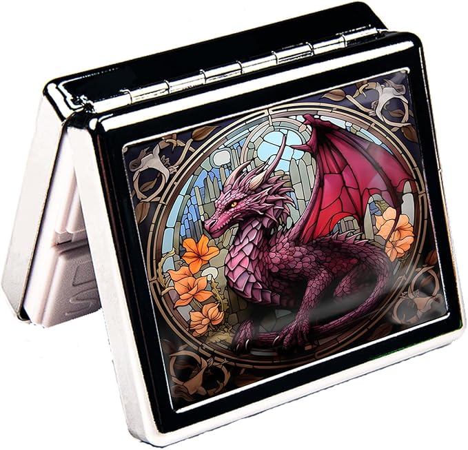 7 Days Chromed Shiny Silver Pill Organizer with Mirror Inside Has 8 Separate Compartments Rectangle 7 Days Pill Box Pill Case (Dragon Stained Glass)