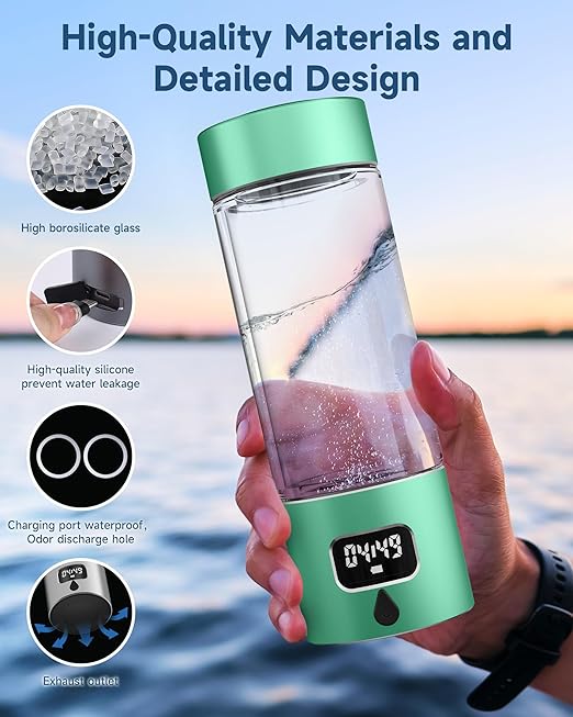 Hydrogen Water Bottle - Portable Rechargeable Water Bottle with LED Timer, Aluminum and Glass, 5000 PPB Hydrogen Production, Gift for Husband Wife Father Friend Client (Green, 11.6Oz)