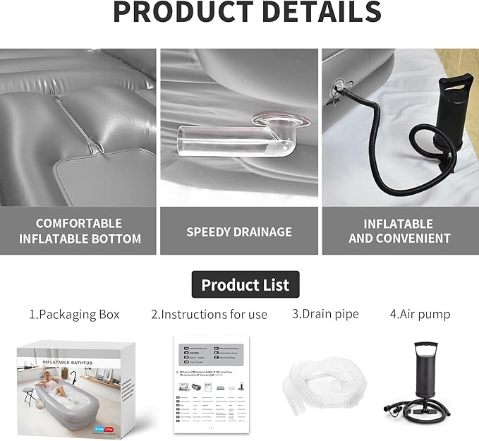 Inflatable Bathtub Adults - Blow Up Bathtub Adult for Indoor Shower Use, Portable Bathtub Adult with Cover, 62.2x37.4x17.72in, Light Grey