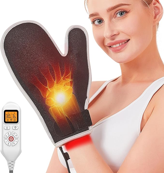 JOBYNA Red Light Therapy Glove, 850nm Near Infrared Light & 660nm Red Light for Hand Wrist Finger, Auto Shut Off & Adjustable Temperature, USB or Outlet Power Supply