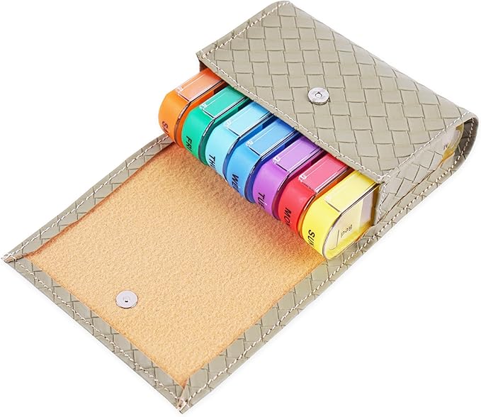 Pill Organizer,LIZIMANDU Weekly Travel Pill Case Box Medication Reminder Daily AM PM, Day Night 7 Compartments,for 4 Times A Day, 7 Days a Week-Includes Leather PU Carrying Case(1-Weave Green1)