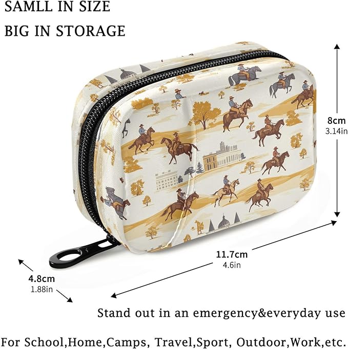 Fustylead Cowboy Riding Horse and Building Pill Organizer for Purse, Weekly Portable Pill Box with Zipper to Storage Vitamins Fish Oils Medications Supplements