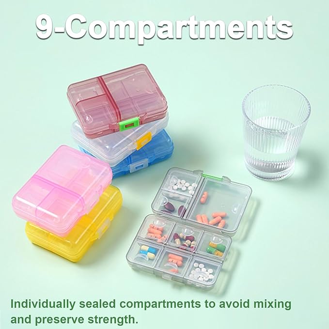 Large Travel Pill Organizer Box, Daily Medicine Dispenser, 9 Compartment Weekly Supplement Holder Pill Reminder, Double Seal Portable Vitamin Fish Oil Capsule Container, Transparent