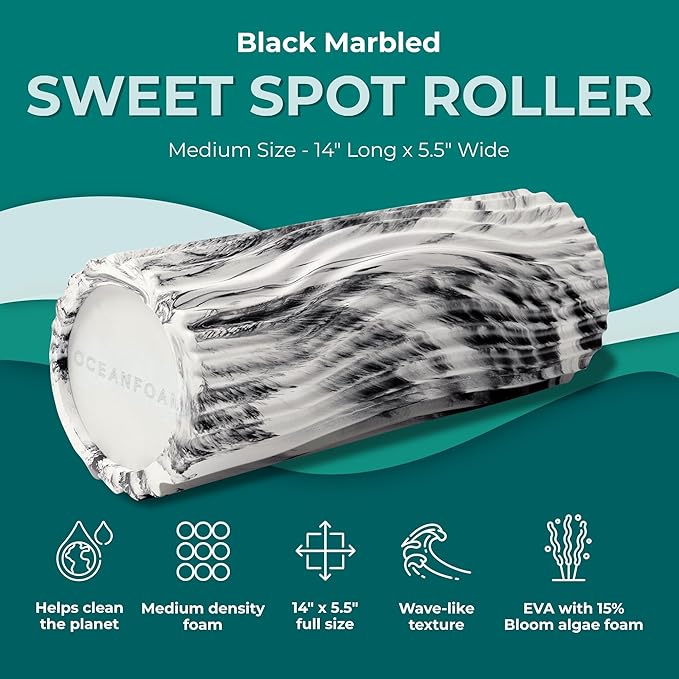 Oceanfoam Sweet Spot Medium Exercise Foam Roller 14"x5.5" – Medium Density Travel Foam Roller for Physical Therapy, Deep Tissue Massage, Yoga, Pilates, Classic Exclusive Wave Texture (Black Marbled)