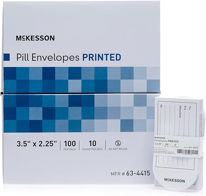 McKesson Pill Envelopes for Medicine [1000 Count] Medication Packets, Imprinted, Moisture Seal, 100 Count, 10 Packs