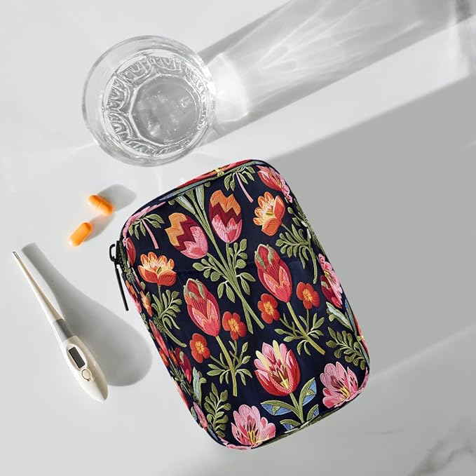 Tulips Red Flower Pill Case Travel Pill Organizer Weekly 7 Day Portable with Zipper Medicine Box Pill Case for Vitamins, Birth Control,Fish Oils,Medication, Supplements