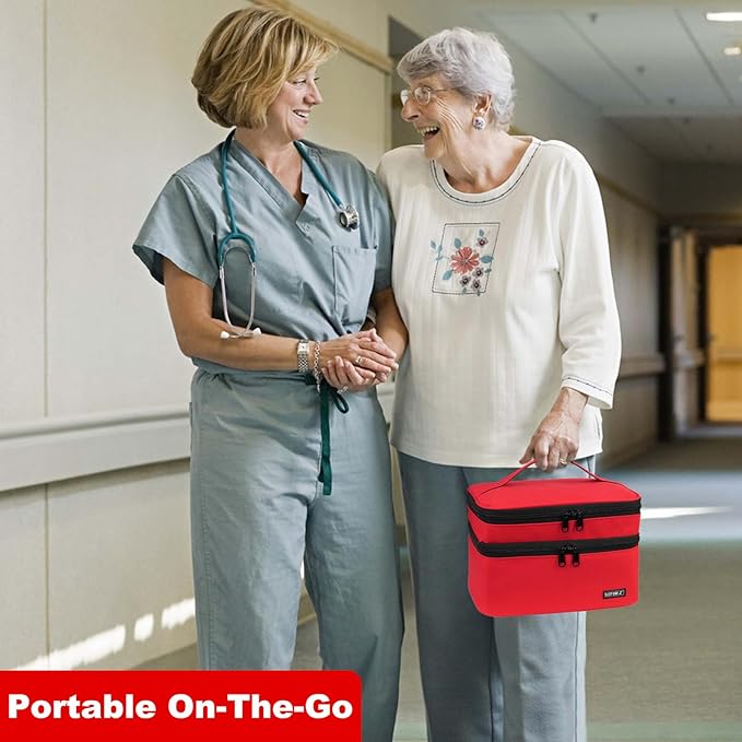 Medicine Storage Bag,Double Layers Pill Bottle Organizer Bag Empty with Lockable Zipper&Adjustable Divider,Medication Travel Carrying Bag for Pills,Vitamins,Medical Supplies,Red