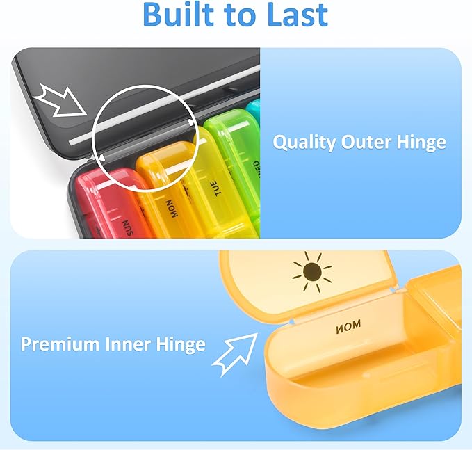 Fullicon Extra Large AM PM Pill Box Organizer 7 Day, Travel Medicine Pill Organizer 2 Times a Day, Large Supplement Vitamin Dispenser, Weekly Jumbo Pill Case Container for Purse (Black Rainbow)