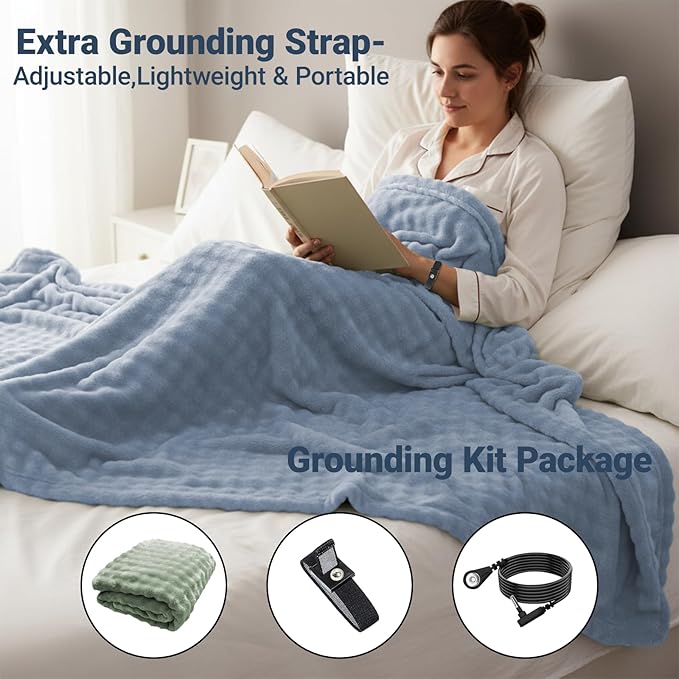 Grounding Blanket Grounding Sheets Queen, Grounding Throw for Improved Sleep, Relieving Pain,Conductive Grounded Mat for Bed with Grounding Wire (Blue, Adult)