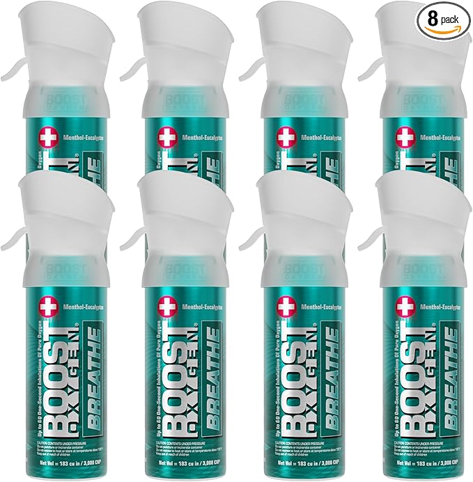 Boost Oxygen Pocket Size Breathe Menthol-Eucalyptus Aroma 3L Canister | Respiratory Support for Altitude, Performance & Health (8 Pack)