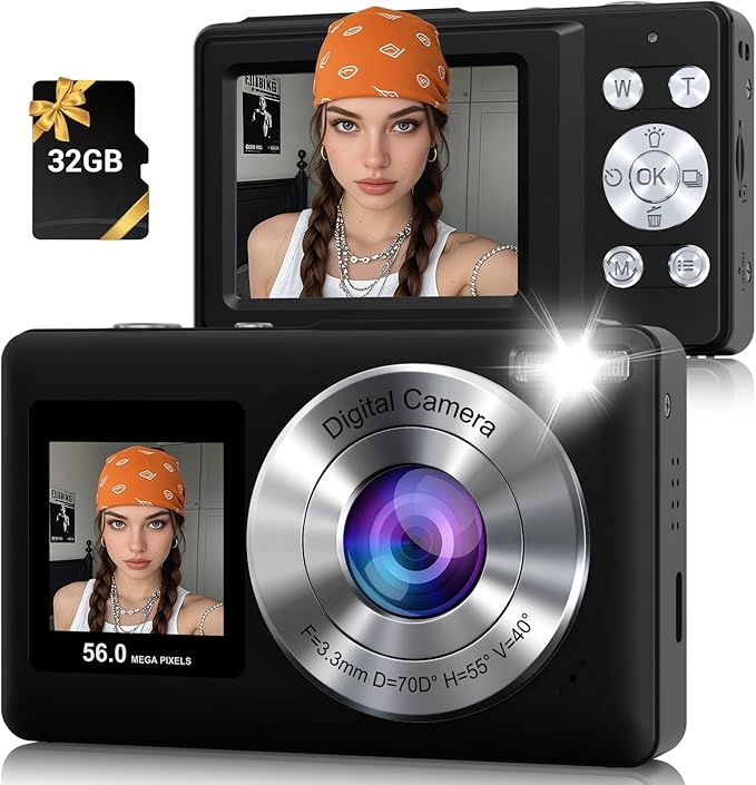 Digital Camera, 56MP 2.7K Dual-Screen Selfie Camera with 16X Zoom, 20 Filters & Anti-Shake, Portable Point and Shoot Digital Cameras with 32GB Card, Compact Travel Cameras for Beginners Teens Kids