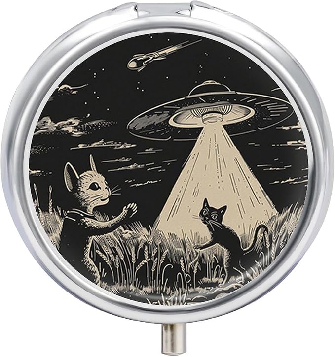 Pill Box-3 Compartment Small Pill Case, Portable Round Pill Box for Pocket or Purse, Decorative Metal Medicine Vitamin Organizer. (Alien Spaceship Landing on The cat)