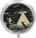 Pill Box-3 Compartment Small Pill Case, Portable Round Pill Box for Pocket or Purse, Decorative Metal Medicine Vitamin Organizer. (Alien Spaceship Landing on The cat)