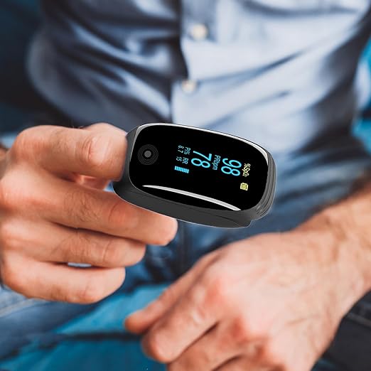 Fingertip Pulse Oximeter with Respiration Rate & Respiratory Monitoring SpO2, Heart Rate, PI & RR Measurements, Blood oximeter Rechargeable 6 Display Modes & 4-Way Rotatable Screen for Home & Sports Use（Black）