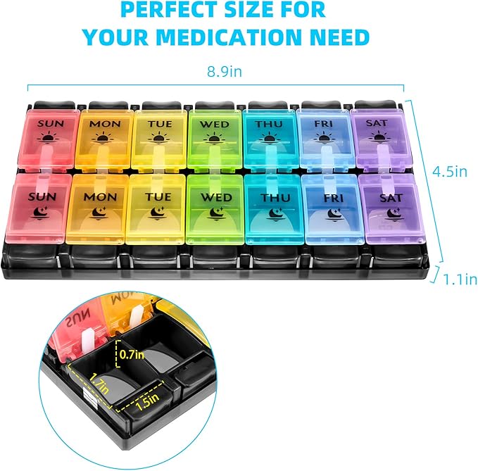 FGcase AM PM Weekly 7 Day Pill Organizer, Large Daily Pill Cases Pill Box with Easy Push Button, Pill Reminder Container for Medicine, Vitamin, Pills, Fish Oil and Supplement