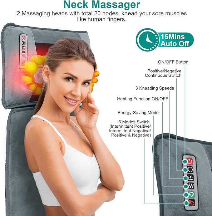 KOCASO Full Body Massage Mat with Heat Two Earplugs- 10 Vibration Motors & 9 Modes,Back/Neck Massager Chair Pad, with Neck Pillow Timer Anti-Slip Bottom Gifts for Stress Relief(Advanced)