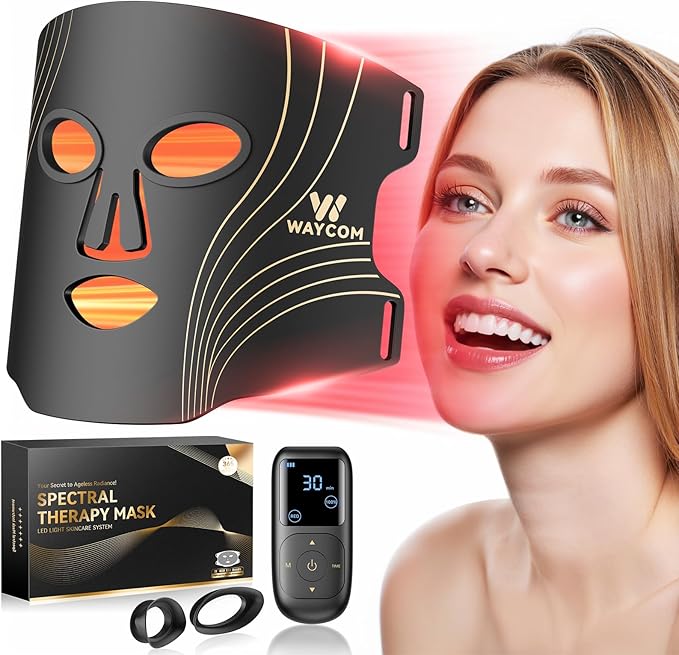 WAYCOM Red Light Therapy for Face: FDA-Cleared 4-Modes Portable LED Light Therapy Mask for Skincare - 400 Beads 850nm Infrared & Red Light Mask at Home with Timing Function Remote & Eye Protection