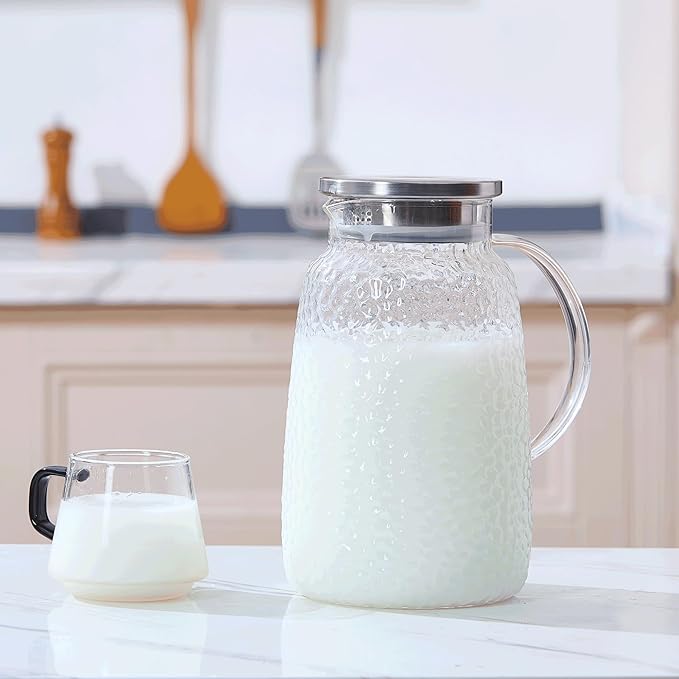 Purefold 105 oz Glass Water Pitcher with Lid, Heat Resistant Borosilicate Jug for Iced Tea, Juice, Milk, Cold or Hot Beverages, Large Caliber Pitchers Easy Clean