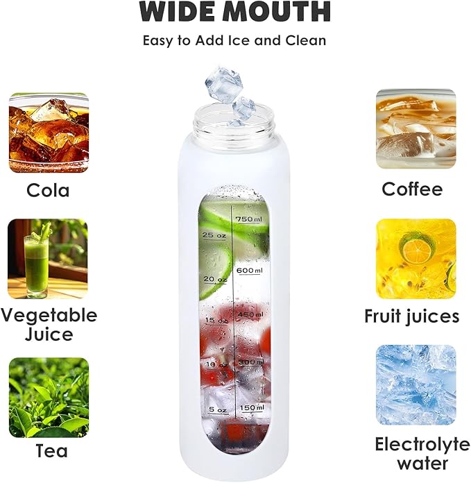 GIEMIT Glass Water Bottles 32oz with Silicone Sleeve Drinking Hydration Bottles Reusable Borosilicate Wide Mouth Motivational Water Flask Canteen with Time Marker Spout Lid and Brush (White - 32 oz)