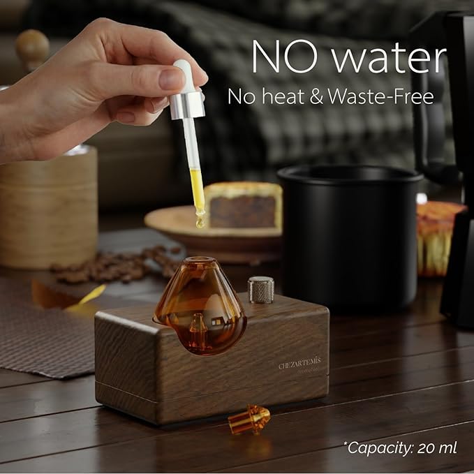 Amber Premium Glass Essential Oil Diffuser with Handmade Wood Base for Aromatherapy, Retro Waterless Scent Diffuser with Cool Mist, Rechargeable & Wireless Oil Nebulizer with LED & Timer, 2026 Model