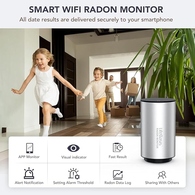 Life Basis Radon Detector for Home Basement, Smart Radon Monitor Fast Capture of Fluctuating Levels, Radon Tester Short & Long-Term Monitoring with Notifications - Connected Mobile App & WiFi
