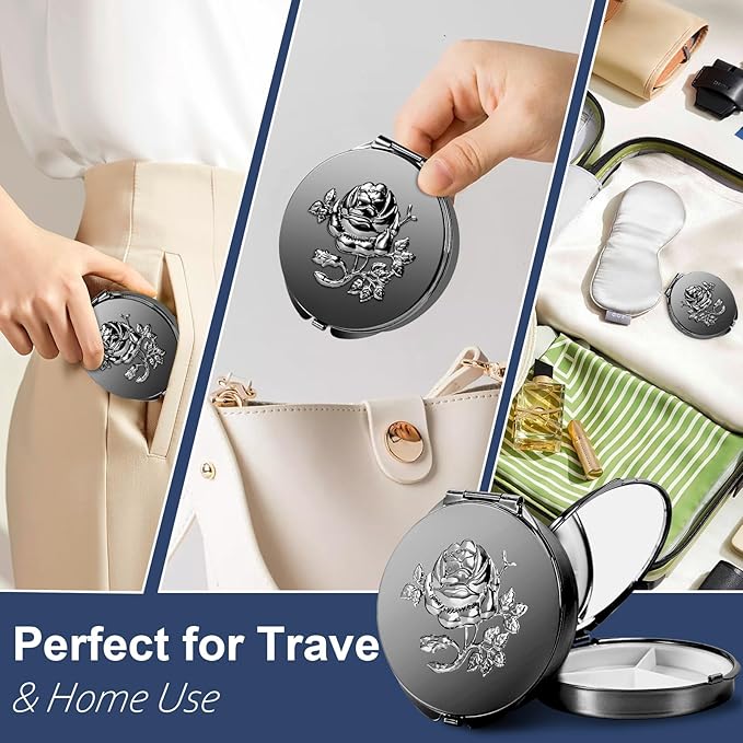 Portable Metal Pill Case with Mirro, Featuring 3 Compartments—Perfect for Travel. BPA-Free. (S-Black, Small)