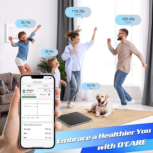 O'CARE Smart Scale for Body Weight and BMI Weighing,High Accuracy Digital Bathroom Scale with LED Large Display,Smart APP Sync Weight Scale 440lb (Black)