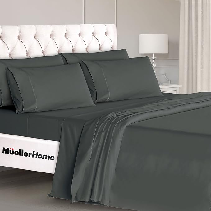 Mueller Ultratemp Bed Sheets Set, Super Soft 1800, 6 Piece California King Sheet Sets, Deep Pocket up to 16", Transfers Heat, Breathes Better, Hypoallergenic, Wrinkle-Resistant, Oeko-TEX, Dark Grey