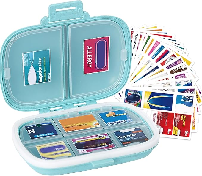 DIY Mini Pharmacy with Brand Labels, Dampproof Mini Travel Pill Organizer, Foldable Medication Storage 7 Day Pill Case, Blue