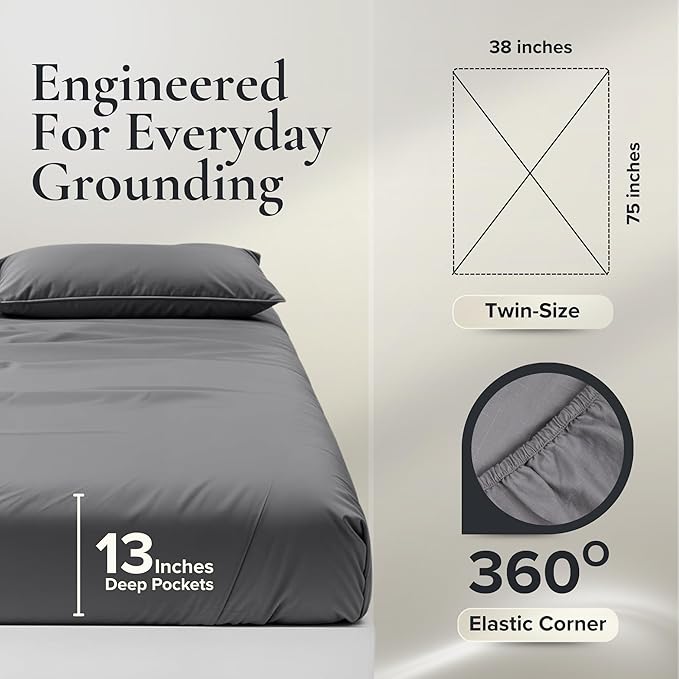 Earthing Grounding Sheets Twin Size(Grey) - 400 Thread Count Soft Earthing Sheets w/Cotton, Silver Fiber - Reinforced Grounding Cord for Conductivity – Ideal Grounding Bed Sheets for Better Sleep