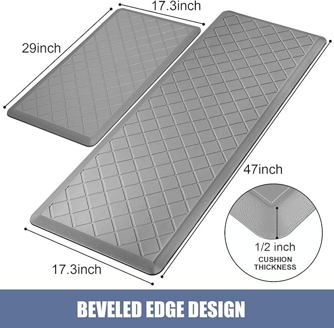 Cushioned Kitchen Mat 2 PCS, Anti Fatigue Kitchen Rugs, Heavy Duty Non-Skid, Ergonomic Comfort Foam Kitchen Floor Mat for Home, Office, Sink, Laundry - Grey