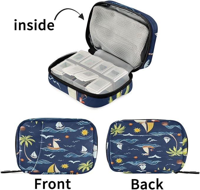 Travel Pill Case Palm Trees Ship Sun and Waves Weekly Small Pill Box 7 Day Pill Box Pill Organizer Bag