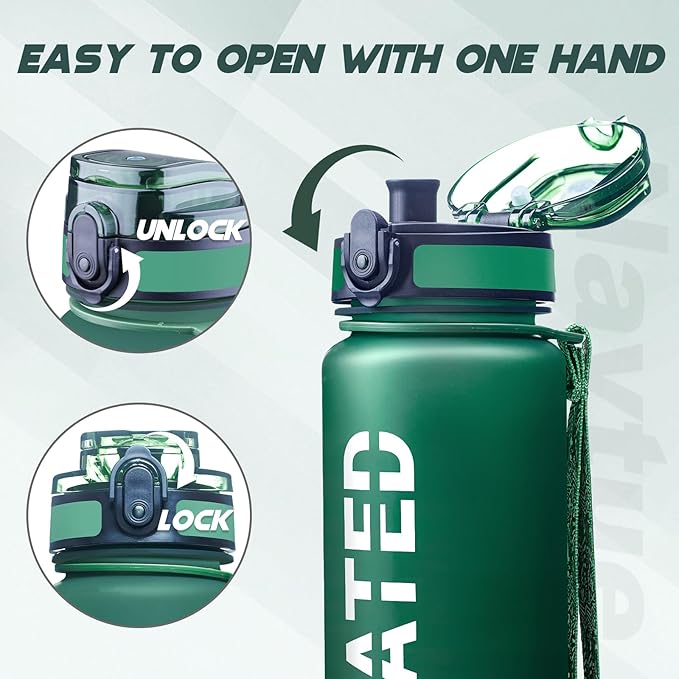 Water Bottle, 32oz Sports Water Bottles with Time Marker Wide Mouth, Motivational and Leakproof Drink Bottle, BPA Free Tritan with Carry Strap for Gym Fitness Outdoor (1 Bottle)