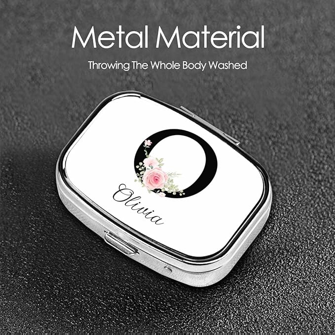 Custom Pill Box Personalized Square Small Pill Case with Mirror Add Your Photo Text Logo Name Decorative 2 Compartment Portable Metal Medicine Container Vitamin Organizer for Pocket Purse Travel (O)