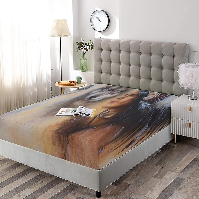 Decorative Bedding Sheet Set Cal-King Size, Tribal American Deep Pockets Fitted Sheet & 2 Pillow Sham Set, Blur Mystic Painting Young Tribal Man Feather with Wolves Print Microfiber 3pc Bed Sheets Set