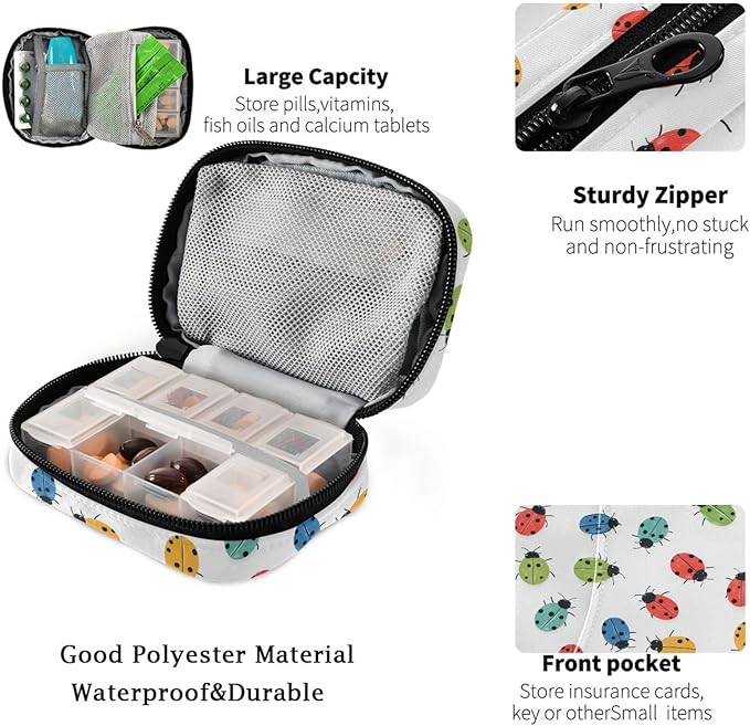 Fustylead Colorful Hand Draw Ladybugs Pill Organizer and Storage Weekly with Zipper, Removable Pill Box Portable Medicine Organizer for Vitamin Fish Oil Supplement