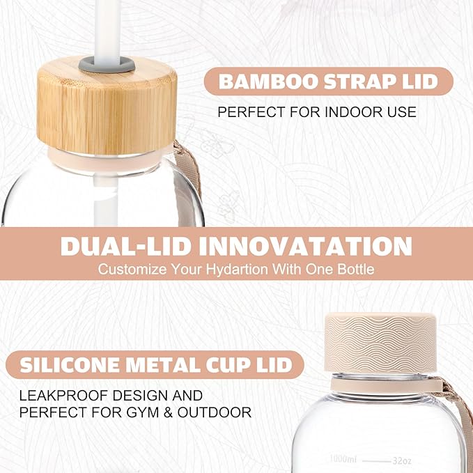 1 Pcs Slim Water Bottle 32oz, 1L Motivational Tracking Reminder Water Bottle-lightweight & Shatterproof and Stainless Steel Lid & Bamboo Straw Lid, for Travel Sports School Gym(Clear)