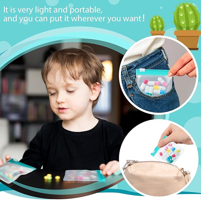 24 Pieces Pill Pouch Bags Zippered Set Reusable Translucent Medicine Organizer Sealing Travel Plastic Bags with Slide Lock for Storage(Turquoise)
