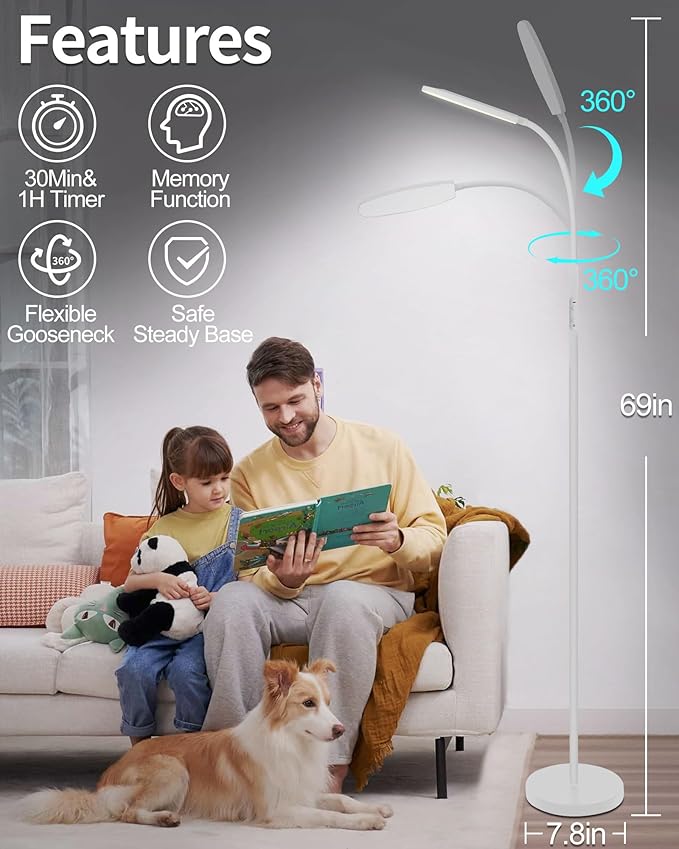 LanSuper Light Therapy Lamp, 10000 Lux UV-Free Happy Therapy Lamp, Full Spectrum Sunlight Lamp with Remote Control, Light Therapy Floor Lamp with 10 Color Temperature & 6 Brightness & Timer-White