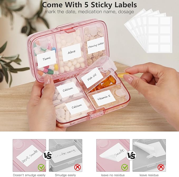 FYY Weekly Pill Organizer with Labels,8 Compartments Travel Daily Pill Case Airtight Moistureproof Large Pill Box to Hold Vitamins, Fish Oil, Supplements,Cotton Swab and Bandages-Pink